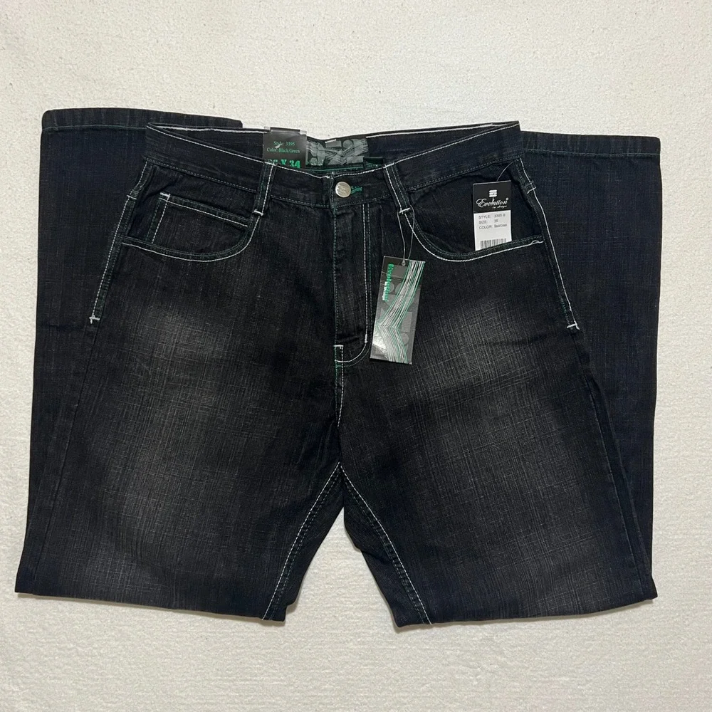 Evolution In Design Mens Black Green Contrast Stitch Jeans 36x34 NWT